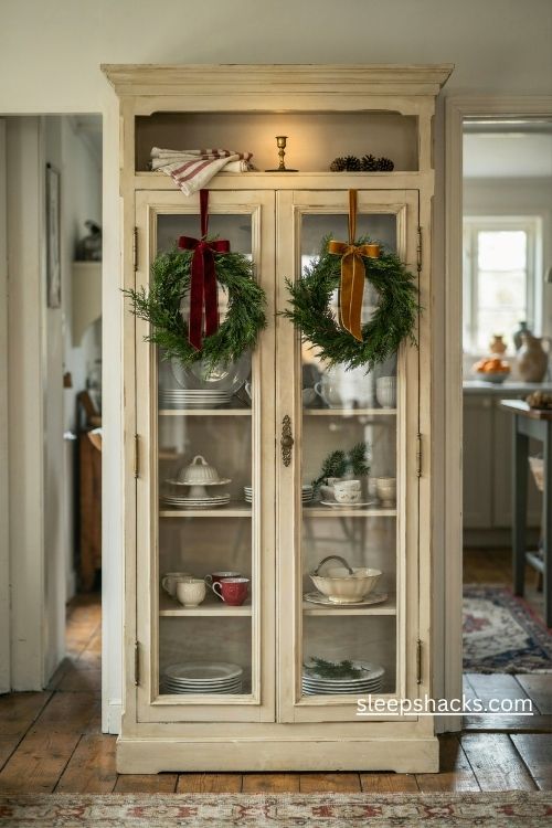 Vintage christmas hutch decorated with mini evergreen wreaths and cranberry velvet bows on glass cabinet doors