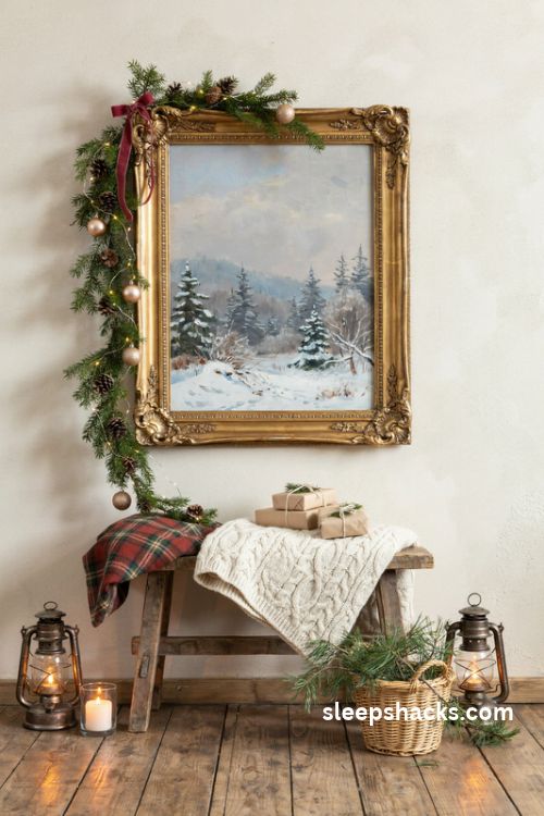 Vintage christmas picture frame backdrop with snowy forest scene evergreen garland and glowing lanterns