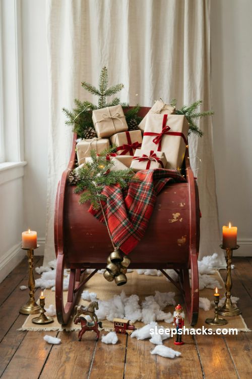 Vintage christmas sleigh backdrop with plaid blanket wrapped gifts and snowy white decorations