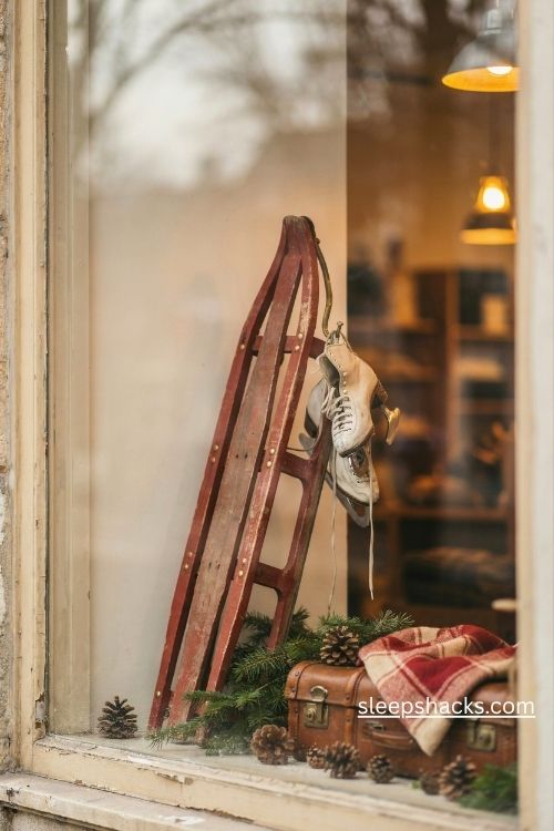 Vintage christmas storefront display with an old wooden sled white ice skates plaid blanket and evergreen branches