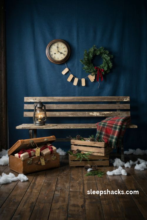 Vintage christmas train station backdrop with antique suitcase glowing lantern and rustic wooden bench