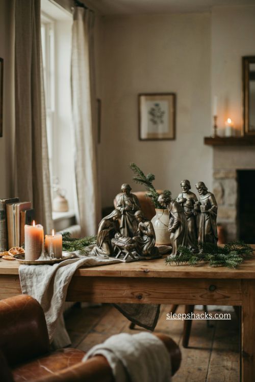 Vintage cottage Christmas shelf with metal nativity old books candles and greenery