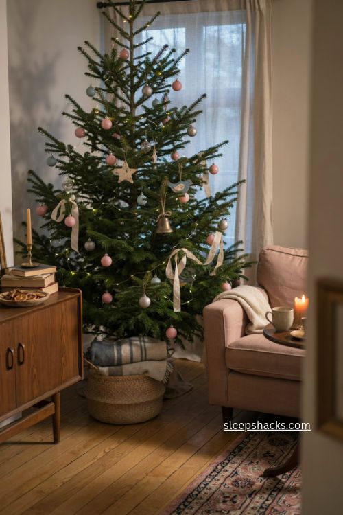 Vintage cottage Christmas tree with faded pink blue and silver glass ornaments 