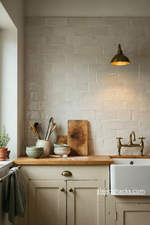 Vintage farmhouse kitchen with beveled cream metro tile backsplash