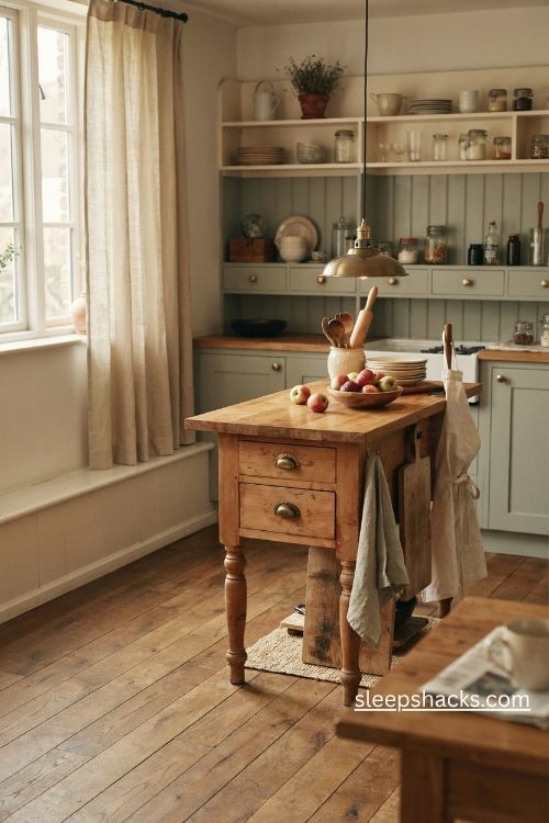 Vintage farmhouse kitchen with butcher block island and turned wooden legs