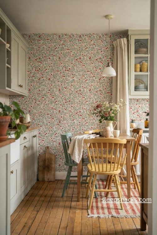 Vintage farmhouse kitchen with cherry print wallpaper accent wall