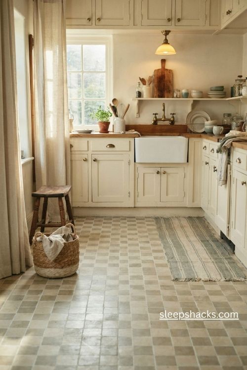 Vintage farmhouse kitchen with cream and sage checkerboard flooring