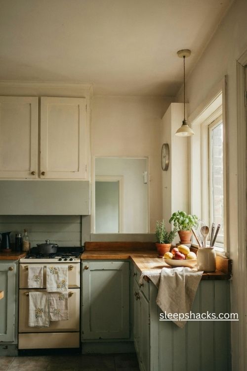 Vintage farmhouse kitchen with embroidered linens herbs and retro clock