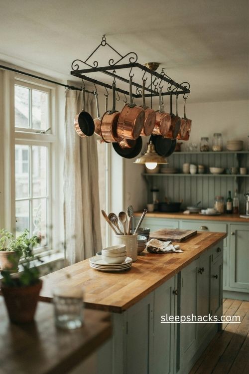 Vintage farmhouse kitchen with hanging copper pots and wrought iron rack