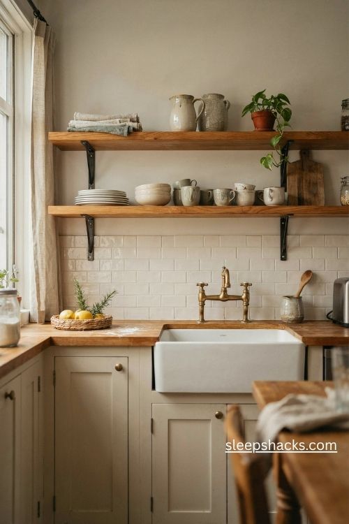 Vintage farmhouse kitchen with open wood shelves and cream ceramic dishes