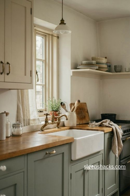 Vintage farmhouse kitchen with porcelain cabinet pulls and aged brass faucet
