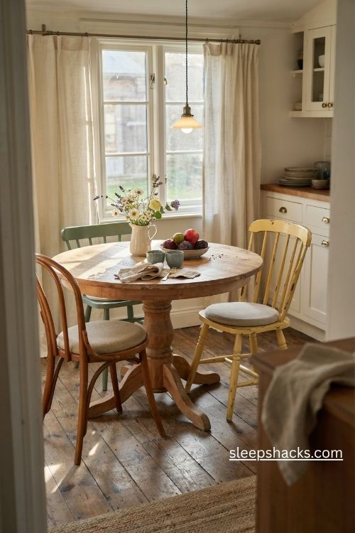Vintage farmhouse kitchen with round pedestal table and mismatched chairs