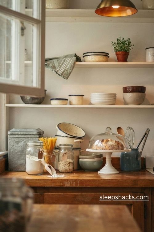 Vintage farmhouse kitchen with speckled enamelware and glass pantry jars