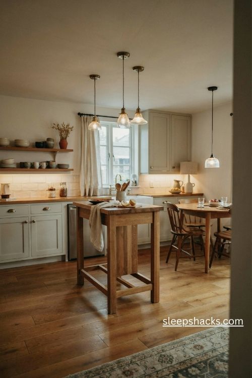 Vintage farmhouse kitchen with warm milk glass pendant lighting