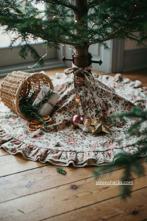 Vintage floral ruffled Christmas tree skirt for cozy cottage decor 