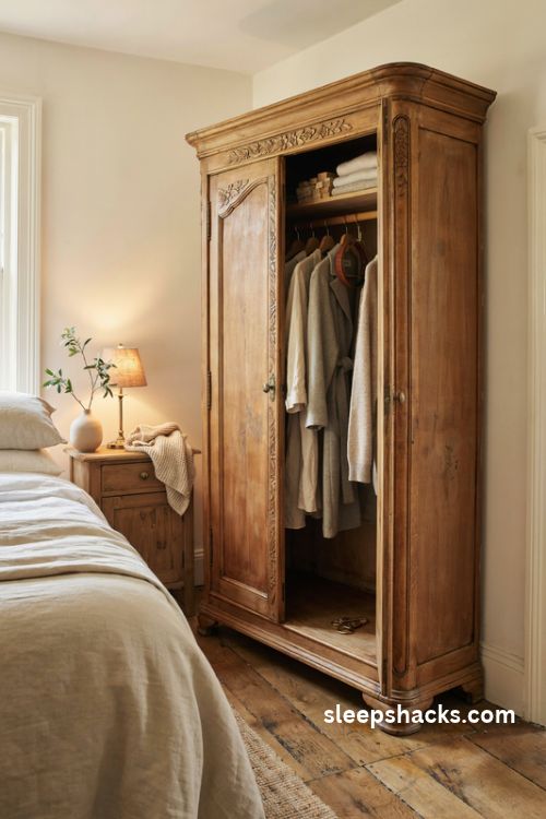 Vintage freestanding wooden wardrobe with carved doors antique brass keys and cozy cottage bedroom charm