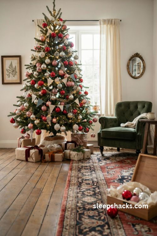 Vintage glass Christmas tree with antique mercury glass baubles and colorful heirloom ornaments