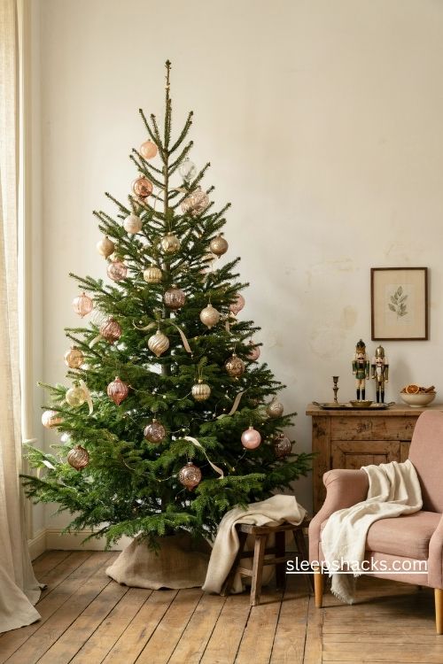 Vintage glass christmas tree ornaments in faded pink and champagne gold with antique charm