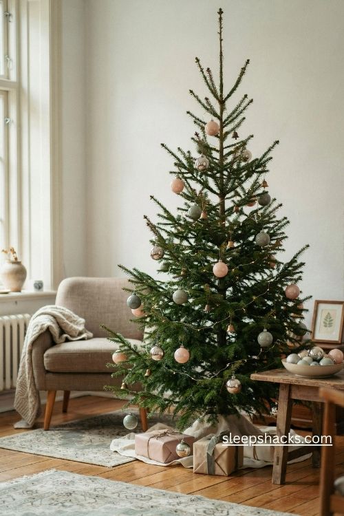 Vintage glass ornaments in clusters on a slim pencil christmas tree with soft pink silver and green decorations