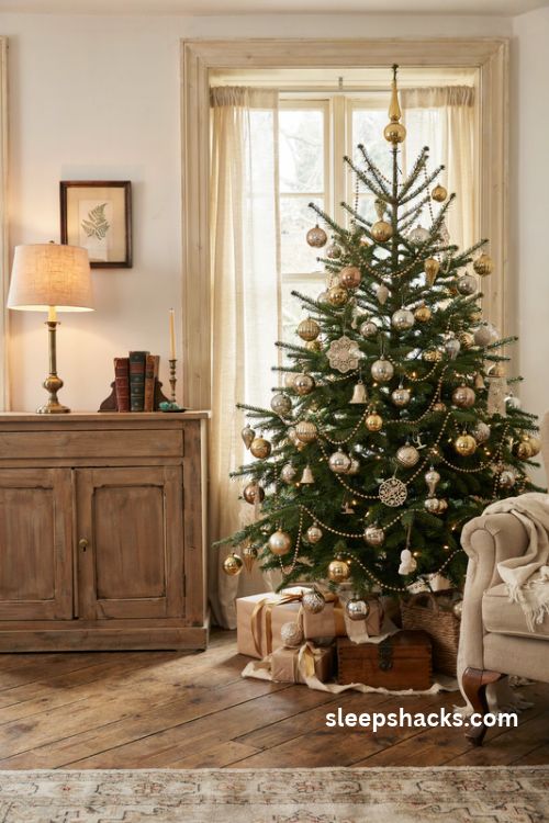 Vintage gold christmas tree with mercury glass ornaments and antique beaded garlands