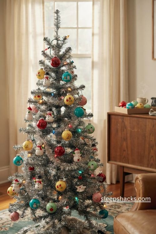 Vintage japanese post war christmas ornaments on a retro aluminum tree with colorful mid century decorations
