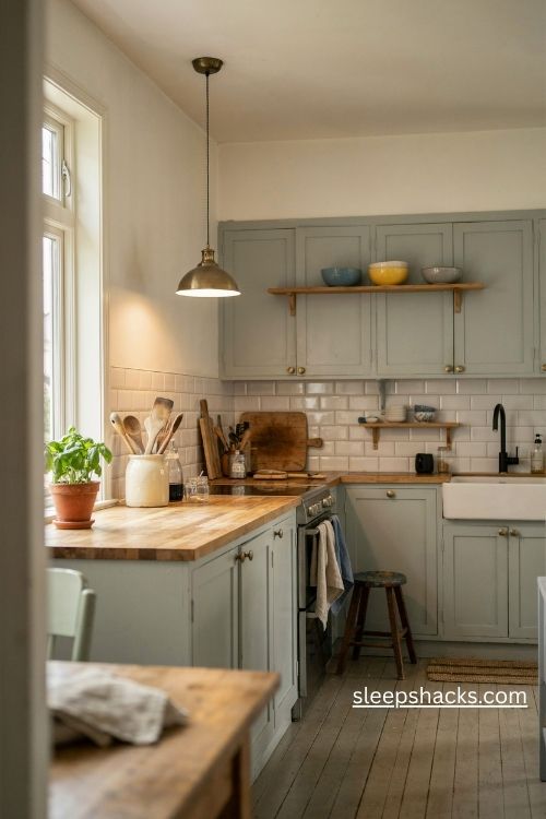 Vintage kitchen with sage cabinets natural wood and collected antique accents