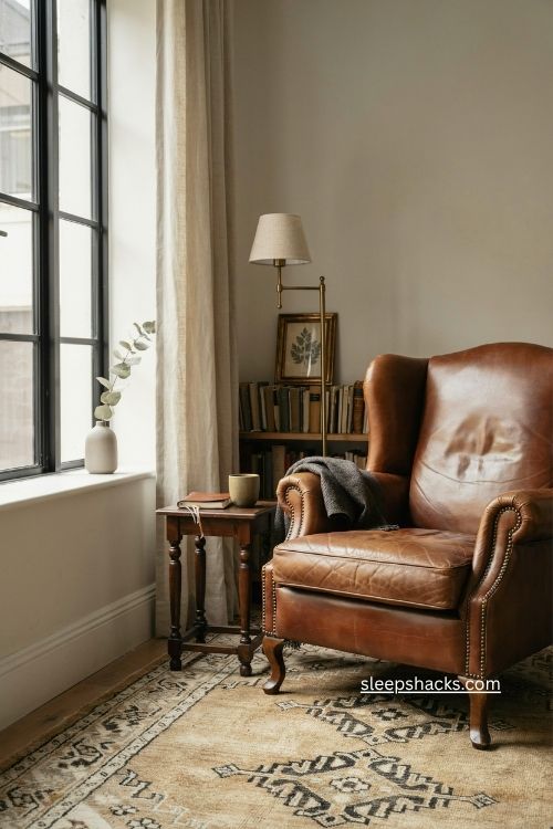 Vintage leather armchair in a cozy masculine home office
