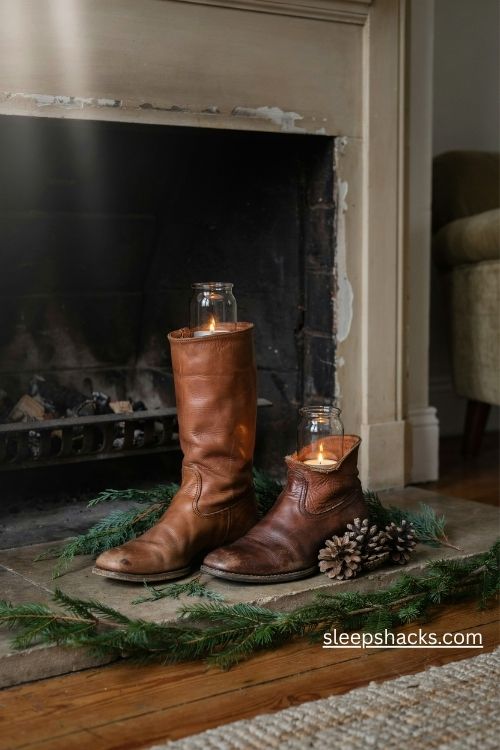 Vintage leather boot candle holders with warm glowing battery lanterns pinecones and cedar for cozy Christmas decor