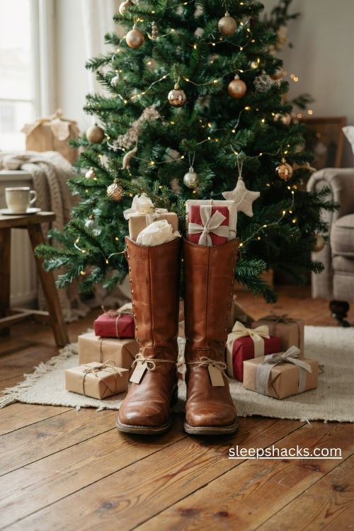 Vintage leather boots as Christmas gift holders under the tree with small wrapped presents rustic twine and warm fairy lights
