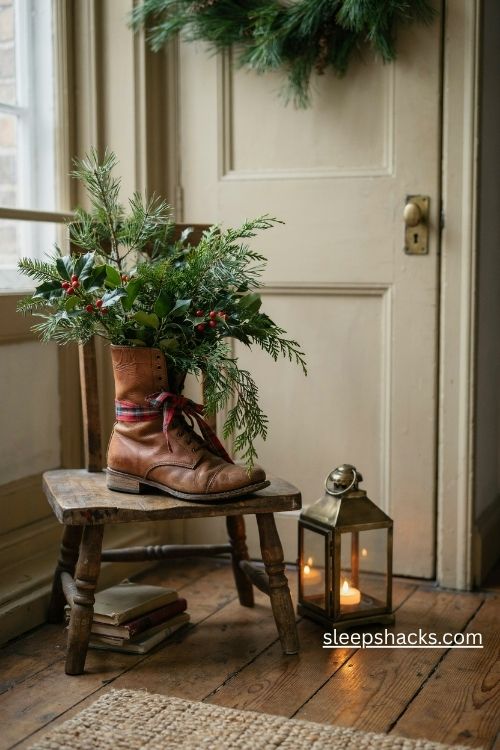 Vintage leather boots filled with pine greenery cedar sprigs and red holly berries for rustic farmhouse Christmas decor