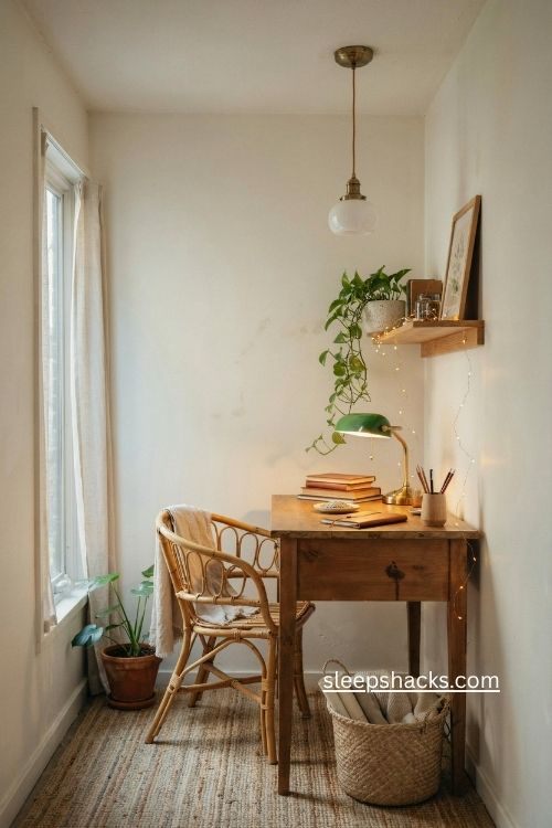 Vintage lighting boho office decor with warm brass lamps and cozy glow 