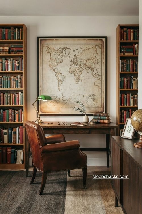 Vintage map wall decor behind a dark wood desk in a masculine office