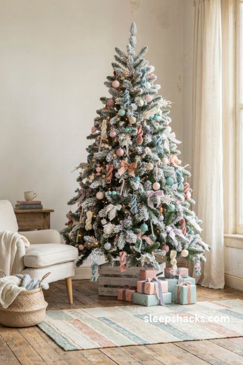 Vintage pastel ribbon candy ornaments in pink mint blue and lavender on a flocked white christmas tree