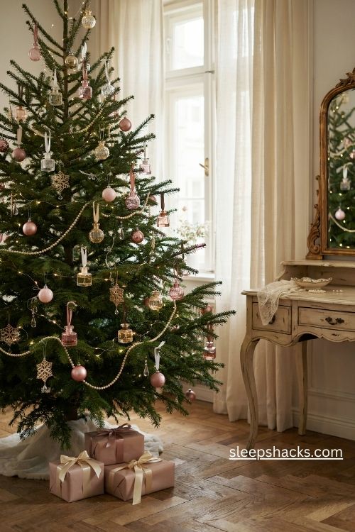 Vintage perfume bottle christmas tree ornaments with blush pink glass pearls and gold accents