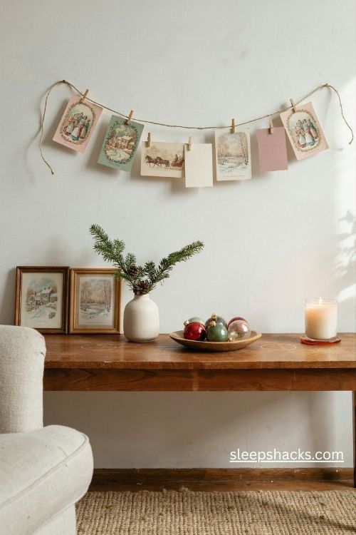 Vintage pink Christmas card display with antique holiday illustrations and twine garland
