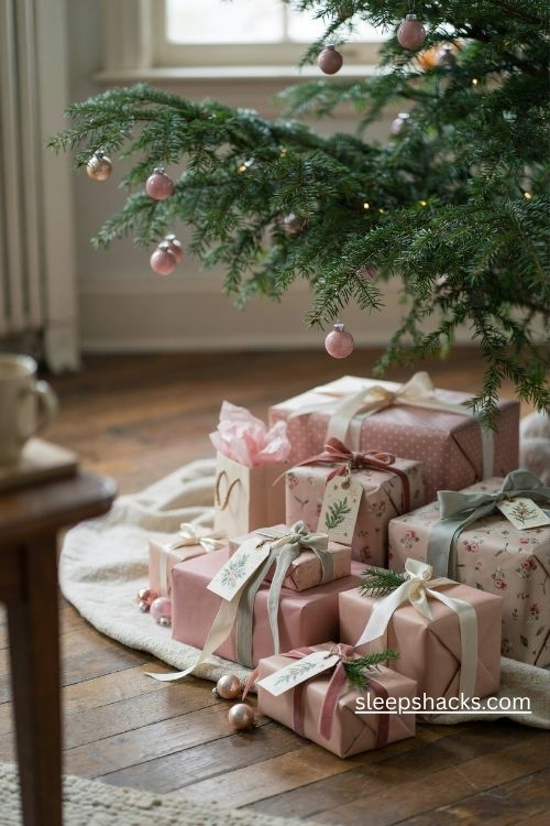 Vintage pink Christmas gift wrap with retro tags and pale green ribbon