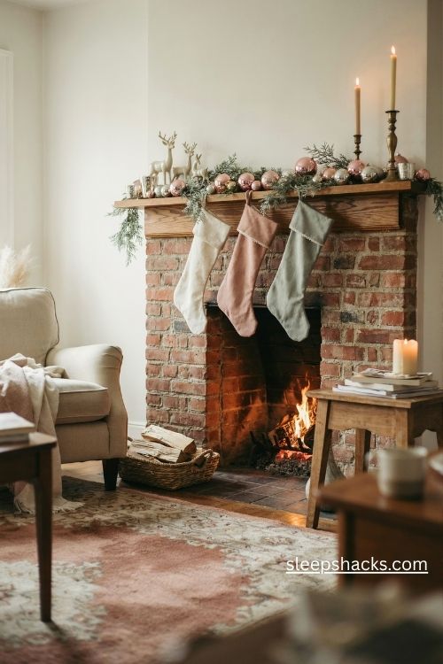 Vintage pink Christmas mantel with glass ornaments candles and pale greenery