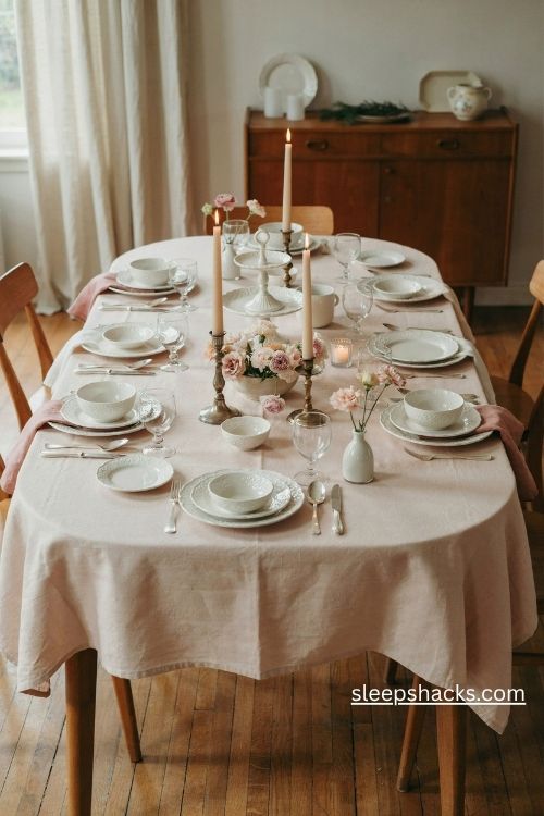 Vintage pink Christmas tablecloth with white milk glass plates and blush roses