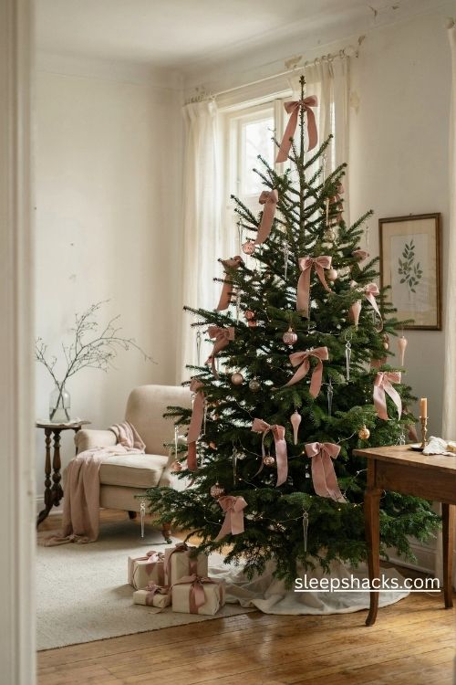 Vintage pink Christmas tree with dusty rose satin bows and glass icicle ornaments