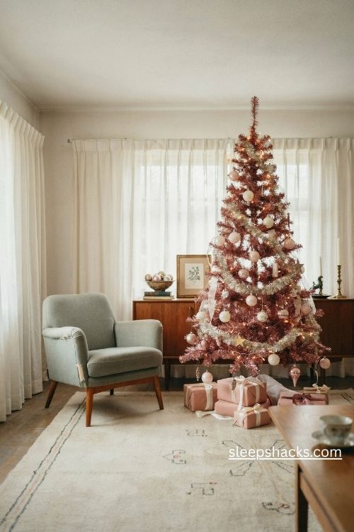 Vintage pink Christmas tree with nostalgic mid century holiday decor