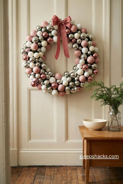 Vintage pink Christmas wreath with pink silver and white glass ornaments