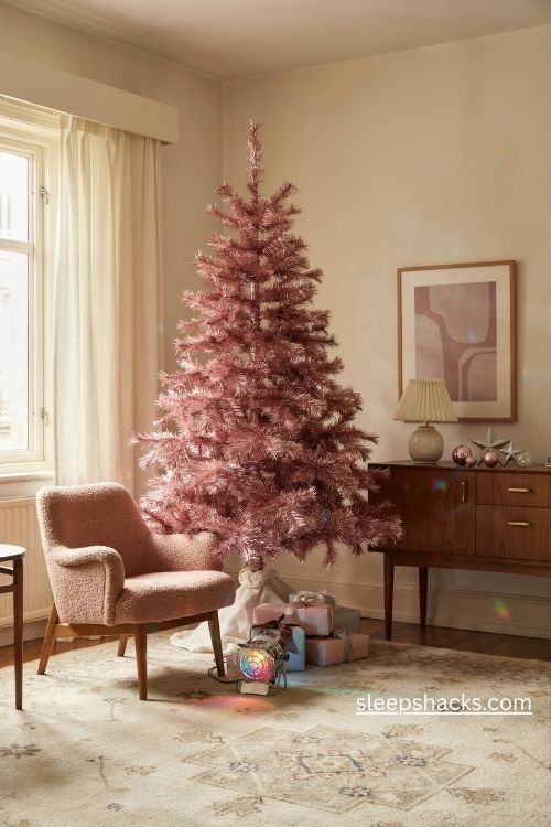 Vintage pink aluminum Christmas tree with silver ornaments and retro color wheel spotlight