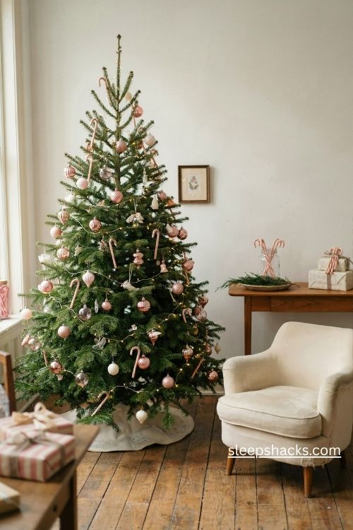 Vintage pink and white candy cane Christmas tree with matching wrapped gifts