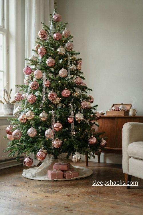 Vintage pink glass Christmas ornaments with retro stripes and silver indent details
