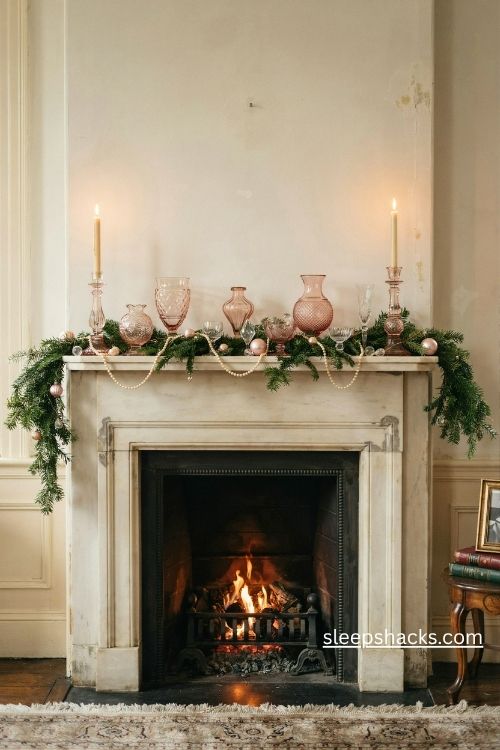 Vintage pink glass and crystal christmas mantel