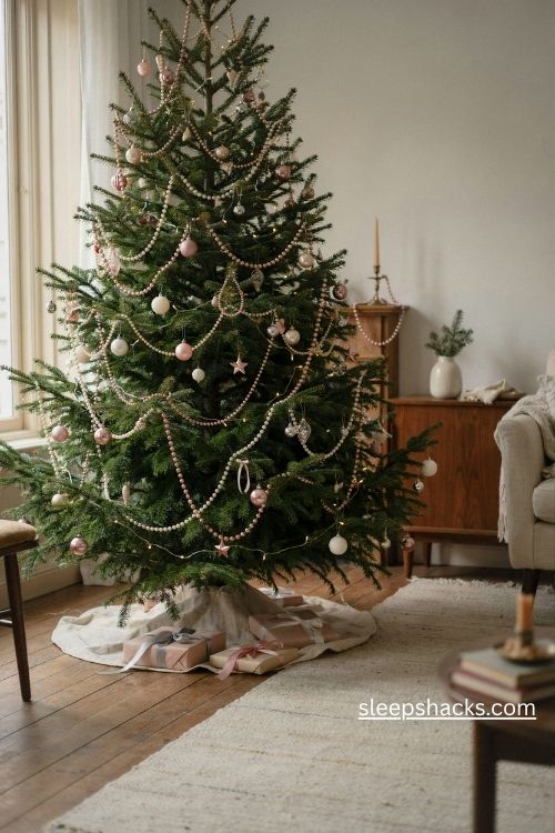Vintage pink glass bead garland on a nostalgic mid century Christmas tree