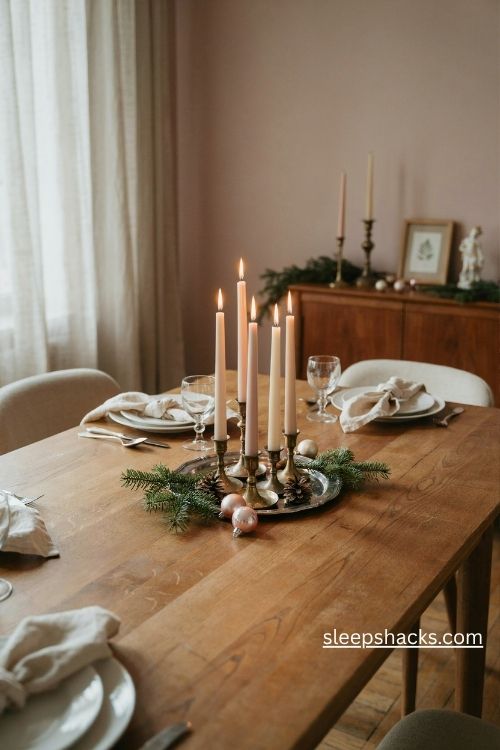 Vintage pink taper candles in aged brass holders for a cozy Christmas table