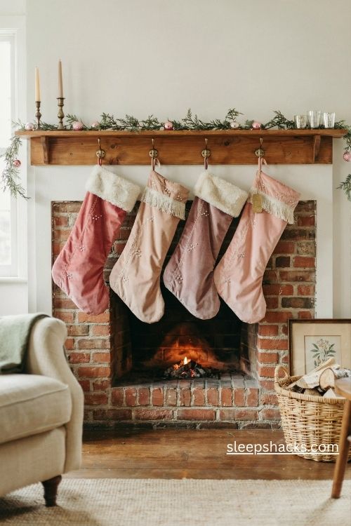 Vintage pink velvet Christmas stockings with ivory fur cuffs on a brass hooked mantel