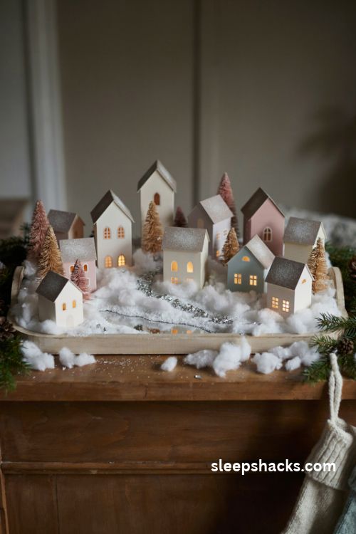 Vintage putz house Christmas mantel display with pastel cardboard cottages, glittery snowy roofs, and miniature feather trees