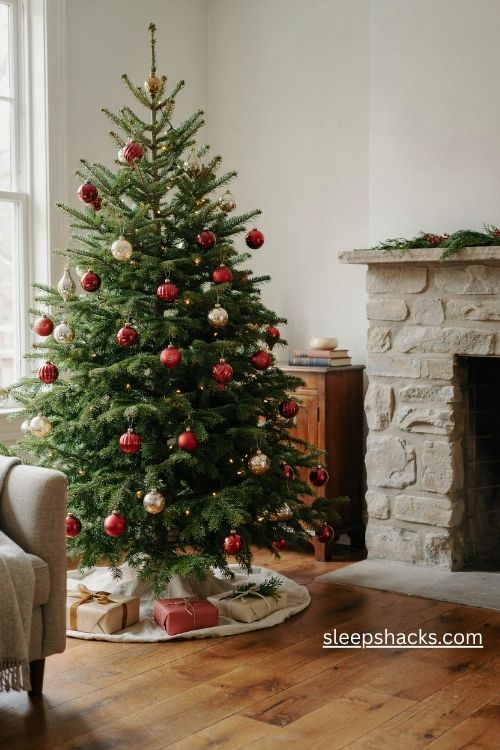 Vintage red glass and mercury gold christmas ornaments on a nostalgic heirloom tree